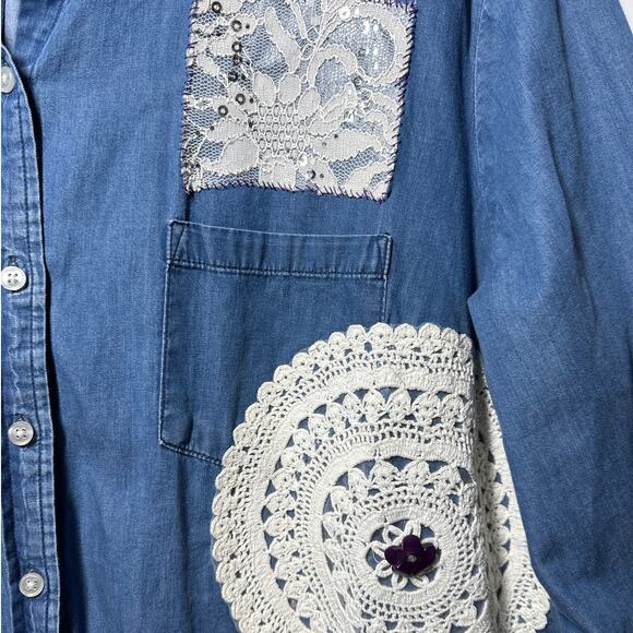 Denim Button-Up Upcycled Shirt Handcrafted Embellishments Boho Western Cotton 3X - Picture 5 of 15